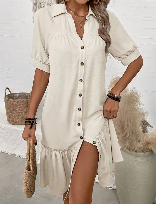 Ingrid™ – Komfortabel Kjole med Knapper og Volangkant