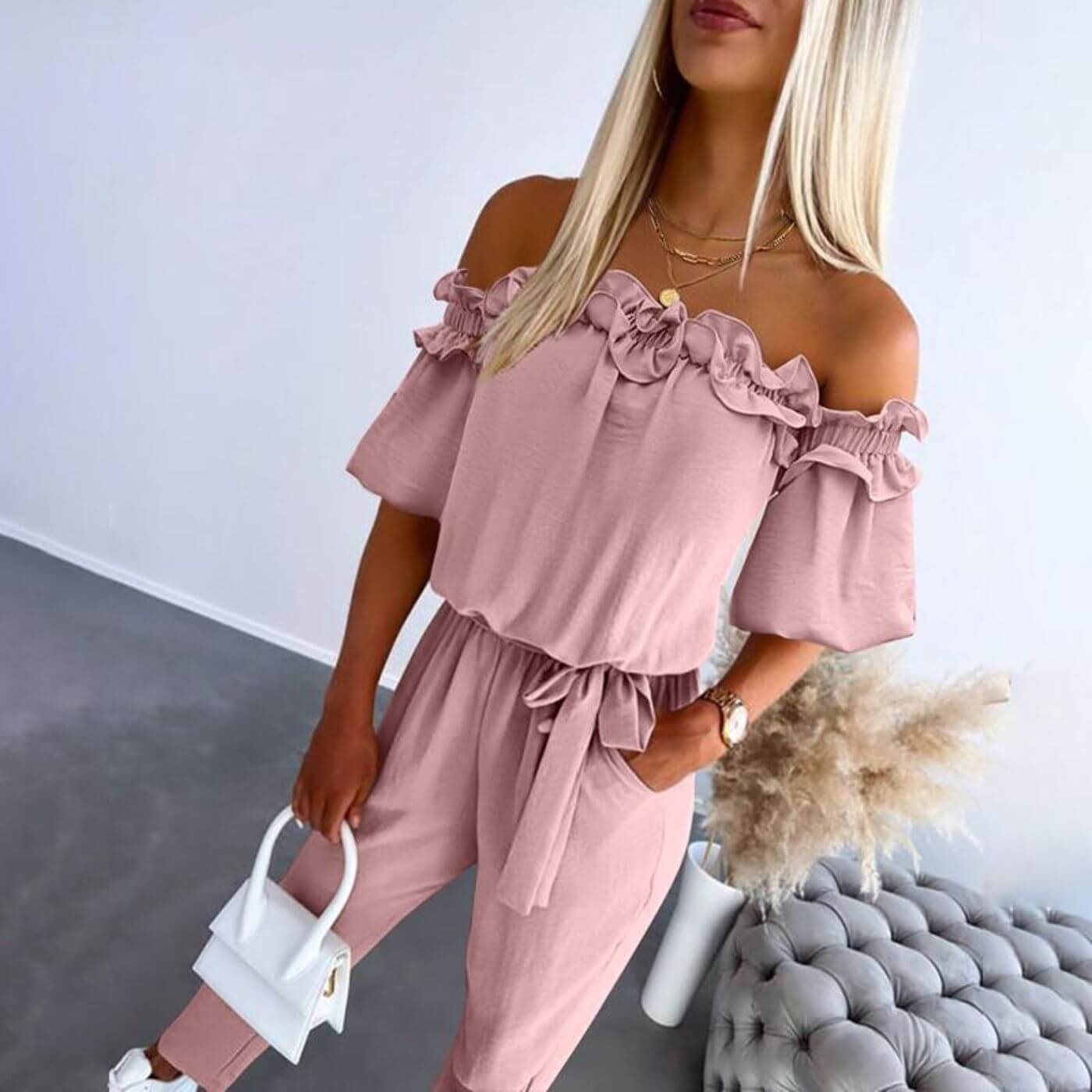 Kamilla™ - Stilfull Off Shoulder Jumpsuit med Knyting i Midjen