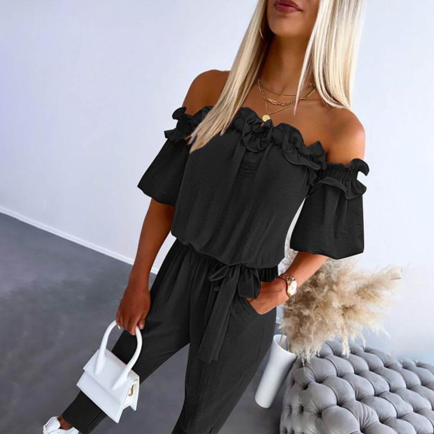 Kamilla™ - Stilfull Off Shoulder Jumpsuit med Knyting i Midjen